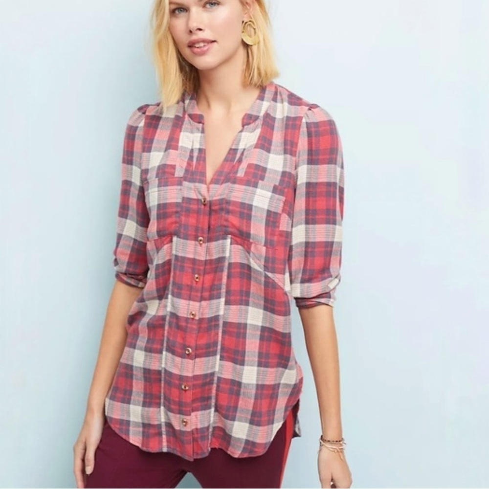 Anthropologie Medford Red White Plaid Button Up Shirt Size 6 Boho Relaxed Casual